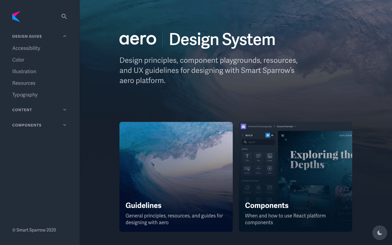 The homepage of the aero design system docs website linking to principles and components.