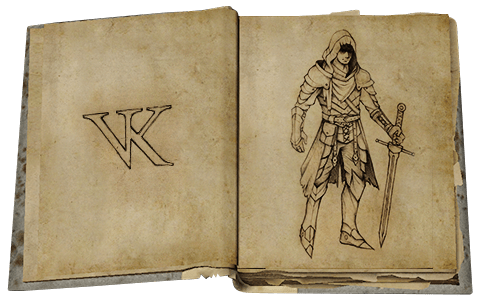A book containing a sketch depicting the logo and armor
