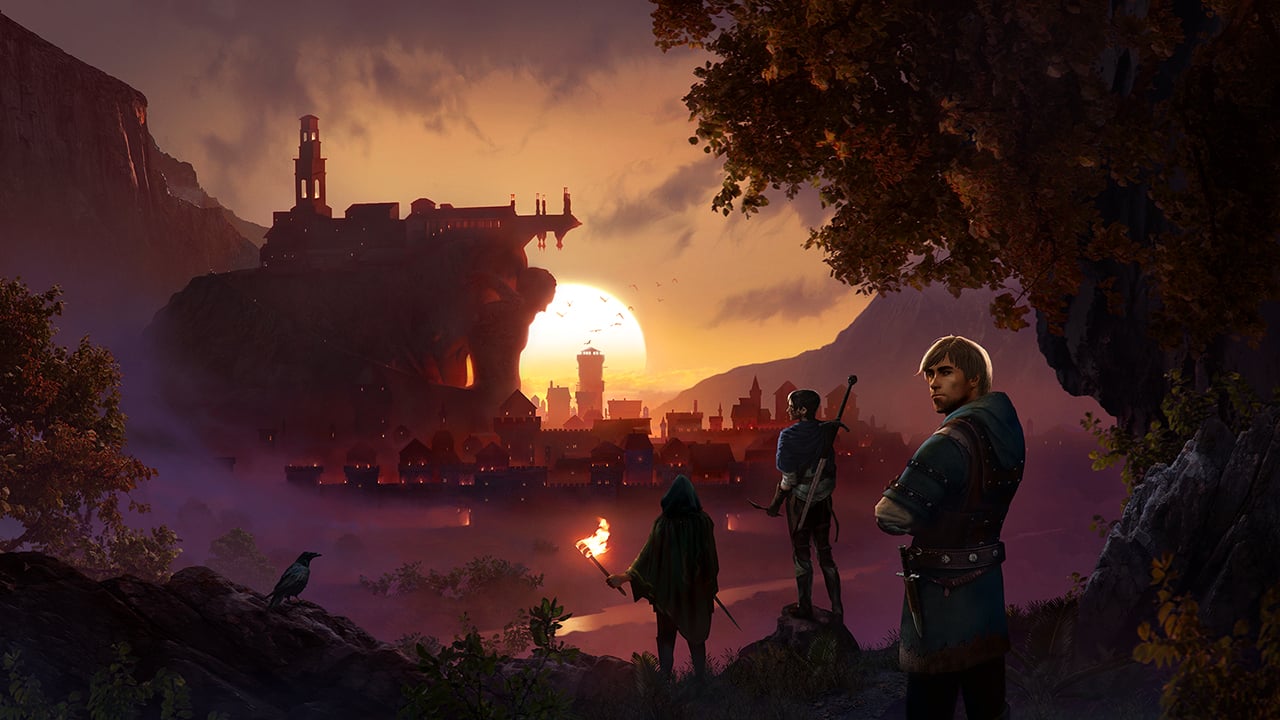 A promotional image from Enderal showing several characters in the game overlooking a distant city.